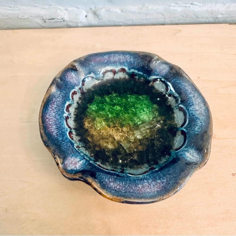 Studio Pottery Melted Glass Trinket Dish Blue Green Scalloped Catchall‎ USA Made